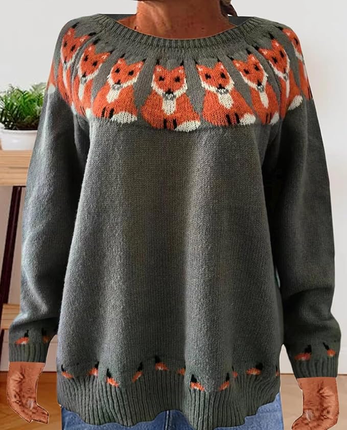 Zhyaj Fair Isle Sweater for Womens Winter Long Sleeve Vintage Knitted Sweater Casual Fall Crew Neck Pullover Sweaters