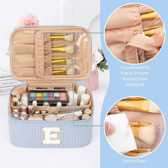 OCHEAL Makeup Bag Valentines Day Gifts for Women, Monogram Cosmetic Bag Blue Travel Makeup Case Beauty Toiletry Bag Organizer Personalized Gifts for Girls Bridesmaid, Sister, Wife, Friends Initial E