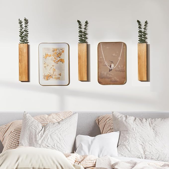 3 Pack Wood Wall Planters with 6 Faux Eucalyptus Stems for Wall Decor
