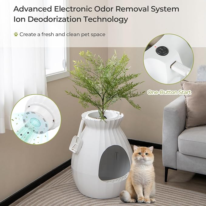 Giantex Cat Litter Box Plant - Hidden Litter Box Furniture with Electronic Odor Removal System, Detachable Door Curtain, Scoop, Cat Litter Box Enclosure Planter Home Decor, Easy to Clean (White)