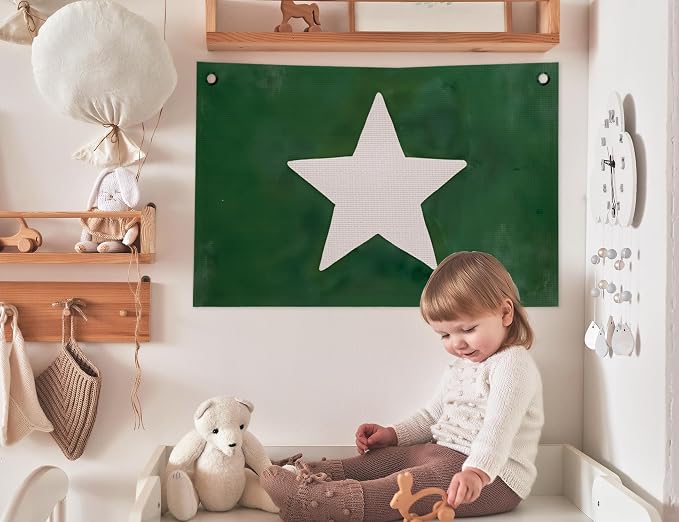 Retro Dark Green Star Canvas Banner, Kids Boys Room Pennant Flag Wall Art for Boys Room Bedroom Playroom, 30x20 in