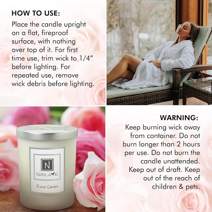 Nabila K – Rose Garden - Soy-Based Candle – Fresh English Damask Roses - Hand-Poured - Cotton Wick - Aromatherapy Candle w/Essential Oils - Made in USA - 14 oz