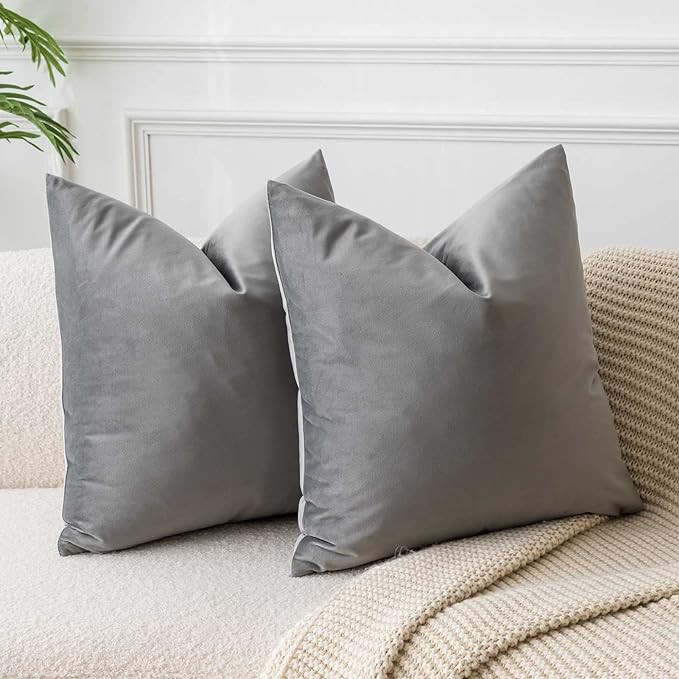 18x18 Throw Pillow Covers Decorative Velvet Cushion Covers Set of 2,Gray | Soft Pillow Cases with Invisible Zipper for Modern Couch Sofa Bed Living Room Bedroom Home Decor