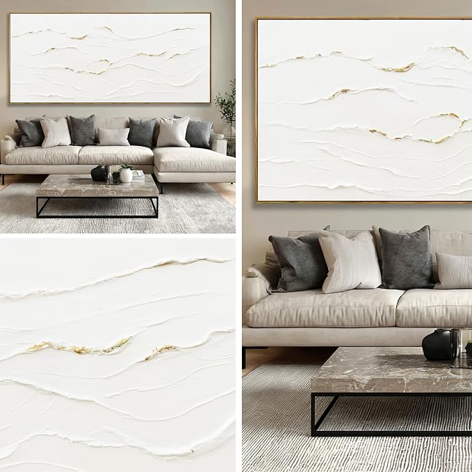 Extra Large Framed White Gold Textured Wall Art for Living Room 32x70 Inch