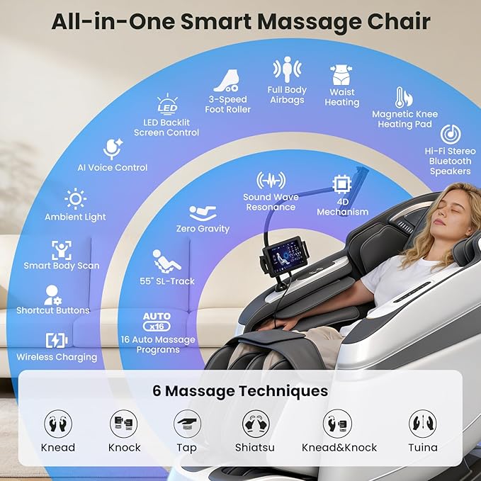 4D Music Rhythm Massage Chair Full Body Recliner, 2025 Unique Sonic Resonance Zero Gravity SL-Track Shiatsu with Knee Heating Blanket AI Voice Bluetooth Foot Roller Body Scan Airbags G9 White