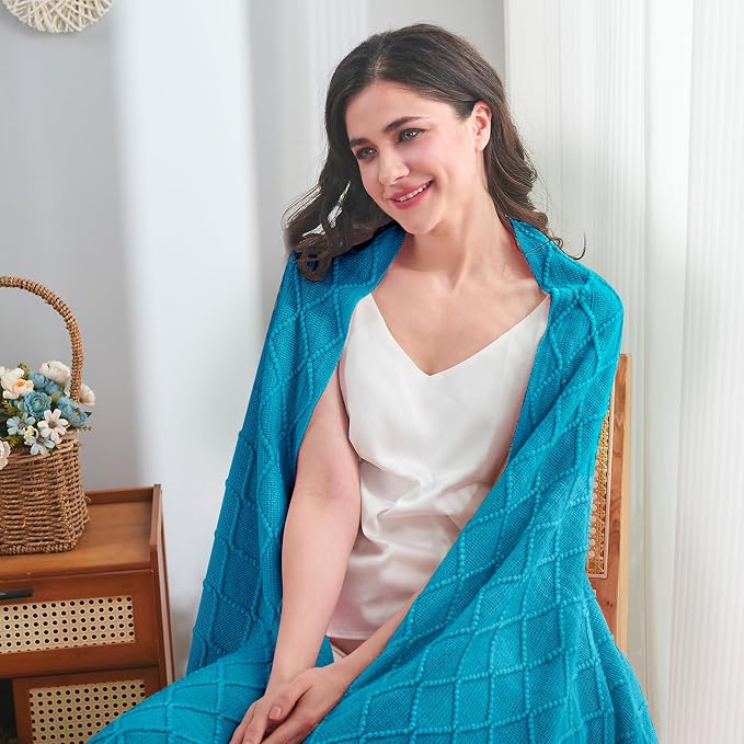inhand Teal Knitted Throw Blanket for Couch and Bed, 60"x80" | Soft Living Room Home Decor Knitted Twin Size Blanket, Outdoor Lightweight Breathable Summer, Farmhouse Warm Woven Decorative