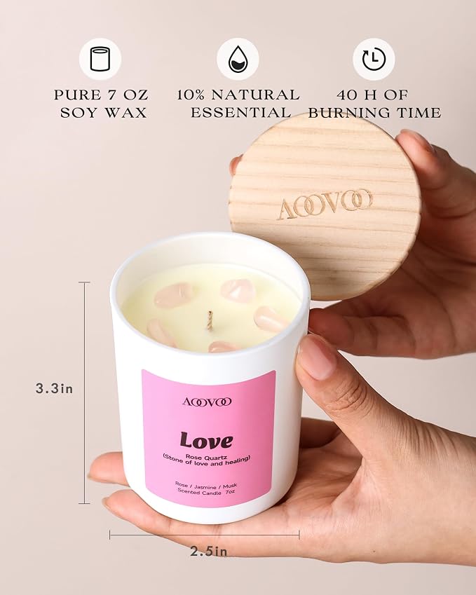 AOOVOO Healing Candles Set for Women - 4 Pack Candles for Home Scented, Aromatherapy Candle with Crystals, Gratitude Rhodonite/Appreciation Clear Quartz/Blessing Aventurine/Love Rose Quartz