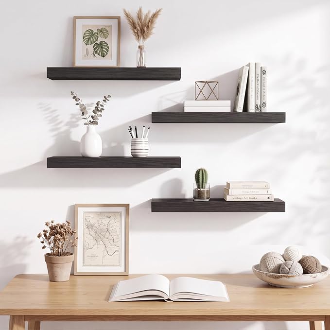 Fixwal Floating Shelves for Wall Decor (Black, Set of 4, 15.7 Inch) | MDF Shelves with Metal Brackets, Space Saving for Books, Decor, Works in Bathroom, Kitchen, Living Room, Bedroom