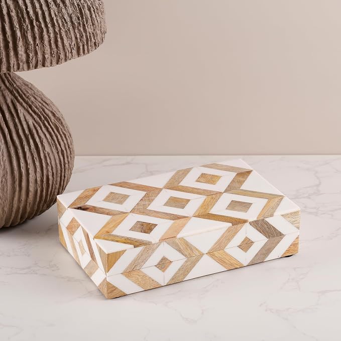 Handicrafts Home White Decorative Storage Box with Lid Wood Remote Control Box Coffee Table Storage Box Remote Holder for Living Room Decor – Resin Inlay Marquet Array Collection - 8x5x2