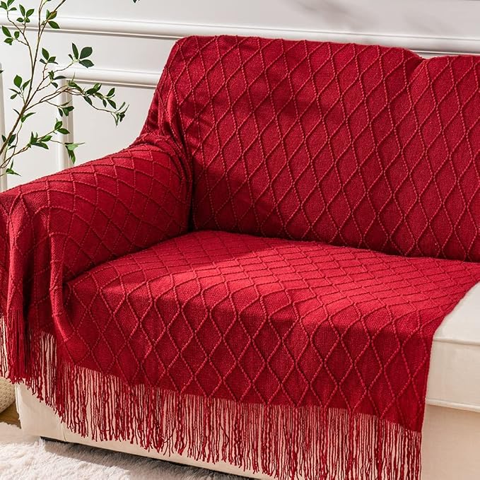 BATTILO HOME Red Throw Blanket Large Fringe Fall Throw Knitted Bed Throws for Couch Sofa Indoor Outdoor, Red, 52 x 80 in.