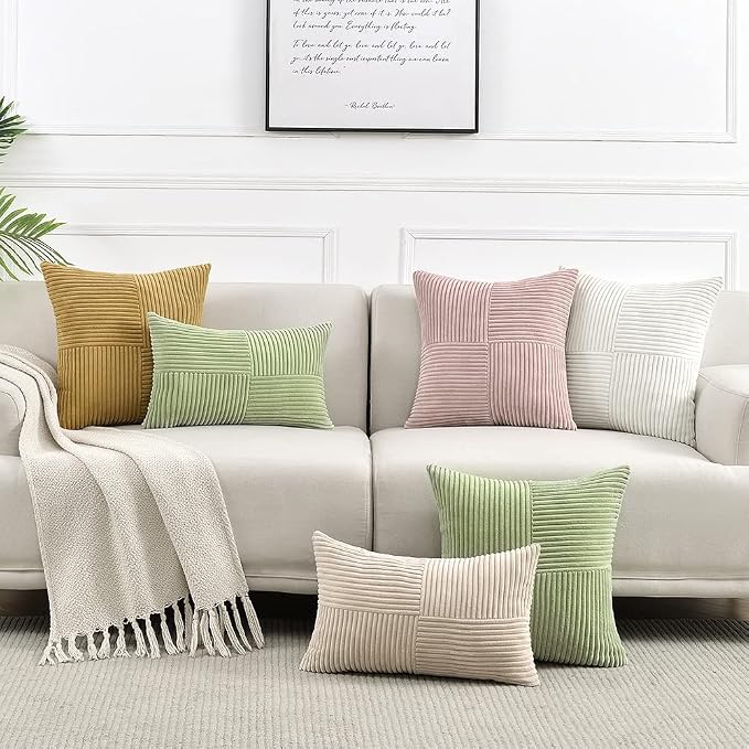 Fancy Homi Mustard Yellow Decorative Throw Pillow Covers 20x20 Inch for Living Room Couch Bed Sofa, Farmhouse Boho Home Decor, Soft Corss Corduroy Patchwork Accent Square Cushion Case 50x50 cm