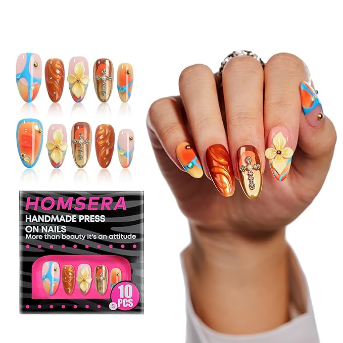 Handmade Press On Nails Almond, 3D Flowers Cross Design Short Fake Nails, Salon-Quality Reusable, Fall/Winter Gift & Holiday for Women, 10pcs