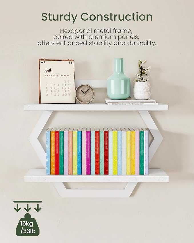 Hexagon Floating Shelves for Wall, Set of 2, 2 -Tier Hanging Shelves, Wall Mounted Storage Shelves, for Living Room, Bedroom, Kitchen, Home Office, Study, White TBJ06P2WB