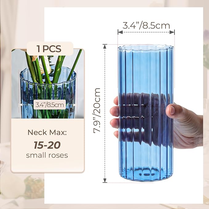 ComSaf Glass Cylinder Vase 8 Inch Tall, Blue Ribbed Decor for Centerpieces | Decorative Flower Vase, Hurricane Floating Candle Holder, Wedding Decor, Reception Table, Home Accent, Housewarming Gift