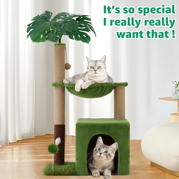 37"Cat Tree Tower With Scratching Post,Cozy Hammock For Indoor Cat | Multiple Cats,Heavy Duty,Sturdy,Corner Cat Condo,Cat Hammock,Green Cat Tree