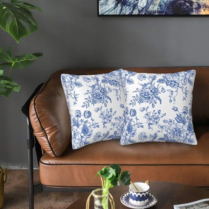 Blue White Chinoiserie Floral Throw Pillow Covers 16x16 Set of 2 Farmhouse Decorative Cushion Cases Home Decor