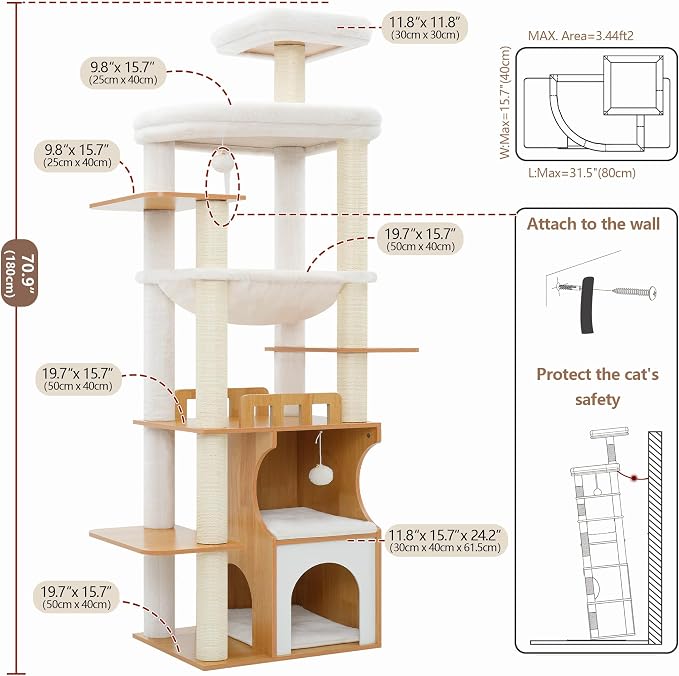 Modern Cat Tree Tower, 2-Layer Condo & Perch, Big Hammock 102WB | 70.9''Wooden Cat Tower House Large Platform with Safe Guardrail for Indoor Cats Adult, All Sisal Scratching Post, Walnut