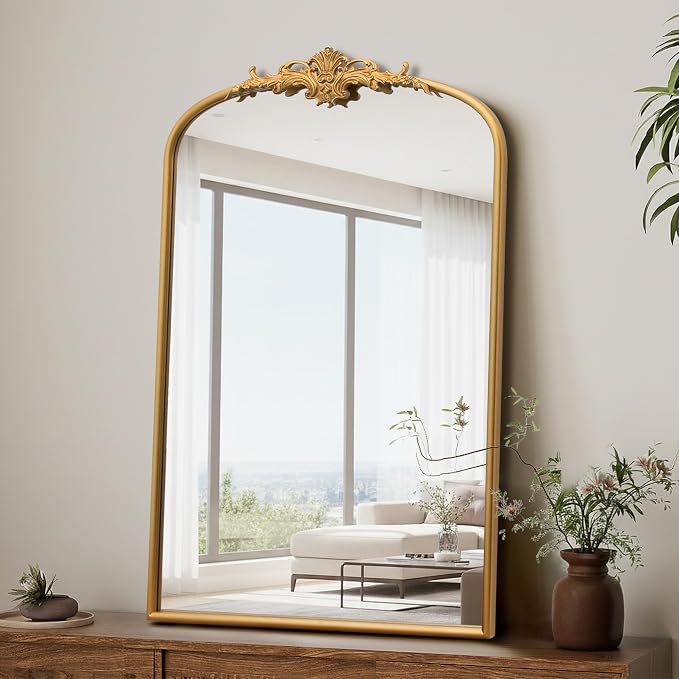 Besdomus Antique Large Wall Mirror: 24"x36" French Arch Gold Vanity Mirrors | Vintage Metal Framed Decorative - Baroque Traditional Ornate for Entryway/Bathroom/Dresser - Ideal for Bathroom Renovations