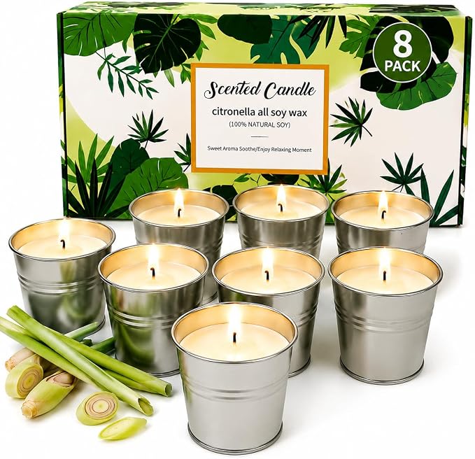 Citronella Candles Outdoor, 8 Pack Soy Wax Candles for Patio & Camping | Portable metal tins, cotton wick, clean burning, ideal for backyard and garden
