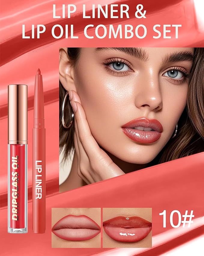 Matte Nude Lip Liner Red Lipstick&Hydrating Glow Lip Oil Lip Combo Set,Moisturizing Plumping Lips Gloss&Smooth Lipliner Liquid Lipstick Long-Lasting,2 in 1 Women Tinted Liptint Stain Balm Makeup-10