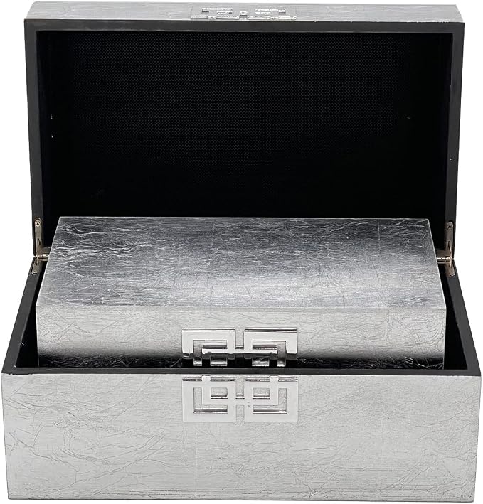 Galt International Storage Box Set Decorative Storage Box w/Hinged Lid Classic Design Wood Decor Boxes with Geometric Clasp Storage for Bedroom & Home - Set of 2 (Silver)