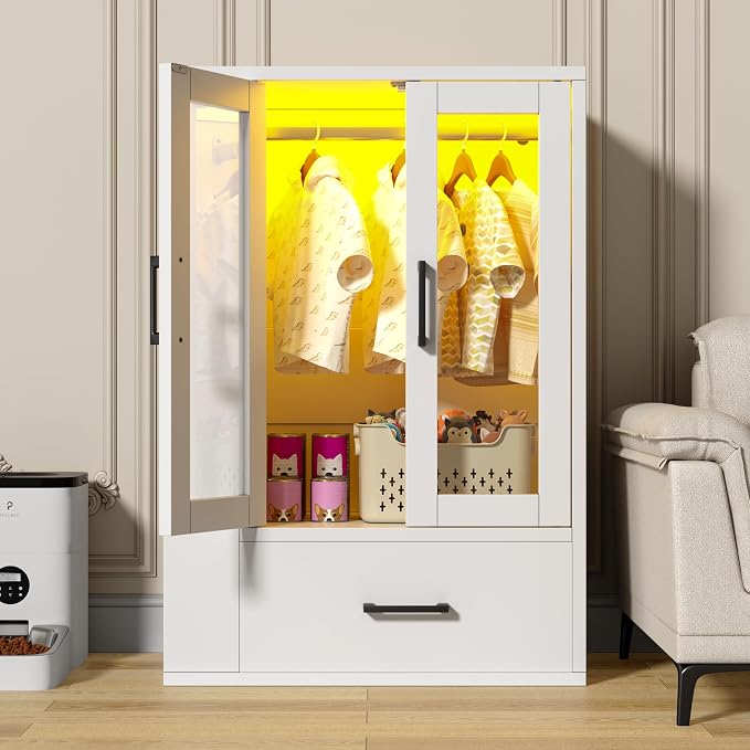 kepptory Pet Wardrobe Closet with LED Light, Side Storage Shelves & Drawer, White Pet Clothes Organizer Cabinet with Hanging Rod, Multi-Functional Pet Closet for Dogs & Cats Clothing, Toys