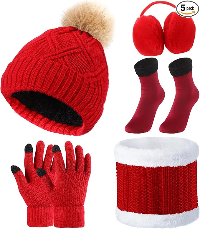 SATINIOR 5 Pcs Winter Hat Scarf Gloves Set Fleece Warm Lined Knit Beanie Hat Touch Screen Earmuff Gloves Warmer for Women(Red,Stylish Style)