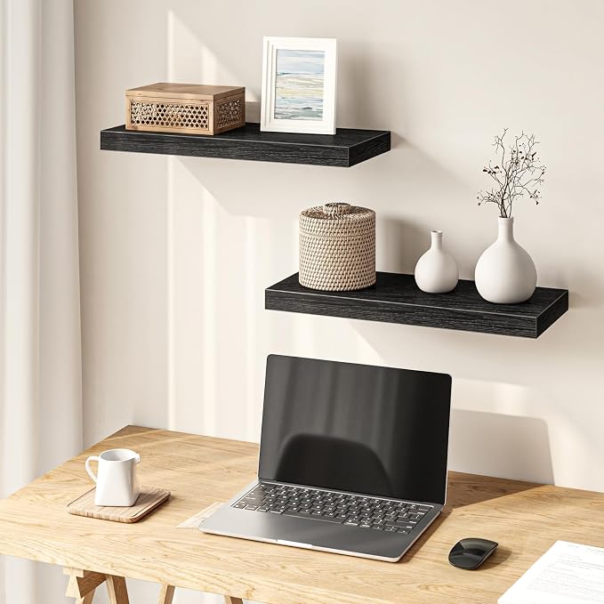 Fixwal Floating Shelves for Wall Decor (Black, Set of 2, 15.7 Inch) | MDF Shelves with Metal Brackets, Space Saving for Books, Decor, Works in Bathroom, Kitchen, Living Room, Bedroom
