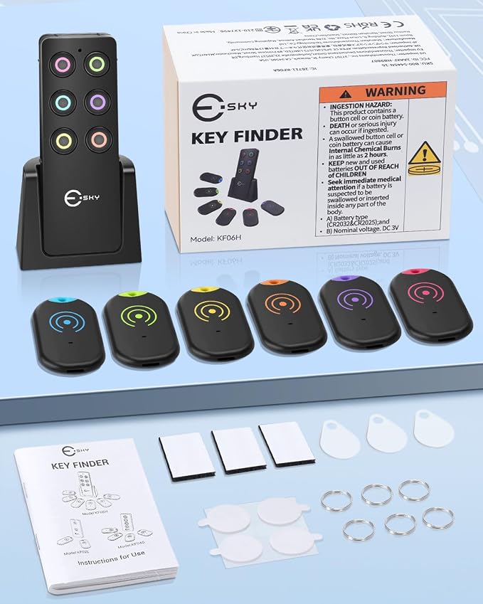 Esky Ultra Slim Key Finder Locator with 80dB Sound and 6 Receivers | Remote Wallet Tracker and Item Locators Beeper Tags for Finding Key, TV Remote, Wallet, Pets and Phone, Gifts for Women