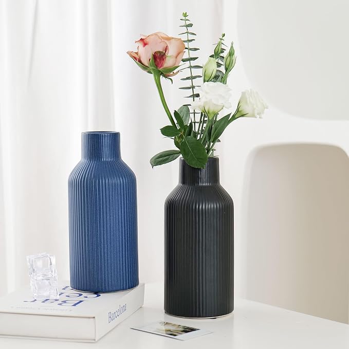 Bohemian Blue Ceramic Vase - for Pampas Grass, Mantel, Bookshelf, Entryway and Living Room Decor (Blue, 8in)