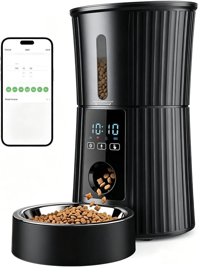 Sweetcrispy Automatic Cat Feeder, 4L Cat Food Dispenser with APP, Black | 2.4G WiFi, Applicable for Dry Food, 16.9 Cups, 10 Meals/Day, 50 Portions/Meal, 10s Voice Recorder, Dual Power Supply