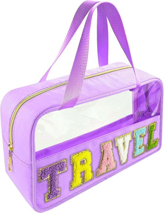 Bunliuys Chenille Letter Clear Makeup Bag Travel Patch, Travel Toiletry Makeup Bag with Handle, Nylon Waterproof Makeup Bags clear cosmetic bag, preppy patch makeup bag for Women (TRAVEL-Violet)