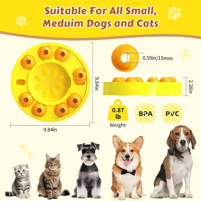 Dog Food Puzzle Toys Interactive Game Toy for IQ Training Enrichment Dog Food Puzzle Slow Feeder for Small, Medium Dogs and All Cats (Yellow Bowl)