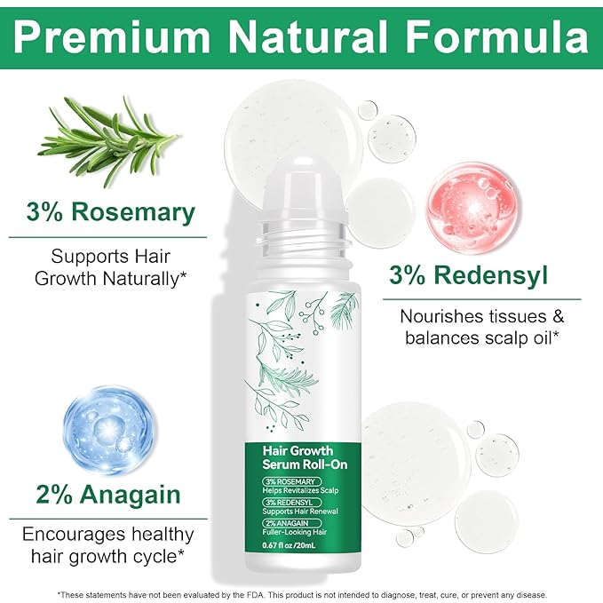 Hair Growth Serum Roll-On(20ml), Hair Growth Oil with 3% Rosemary, 3% Redensyl, 2% AnaGain Scientifically Proportioning, Helps Support Thicker, Fuller Hair Appearance, No-Rinse, Fast-Absorbing