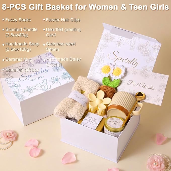 8PCS Birthday Gifts Box for Women Care Package Baskets for Women Hug in a Box Self Care Get Well Soon Gift Set for Mom Wife Girlfriend Sister Friends (White)