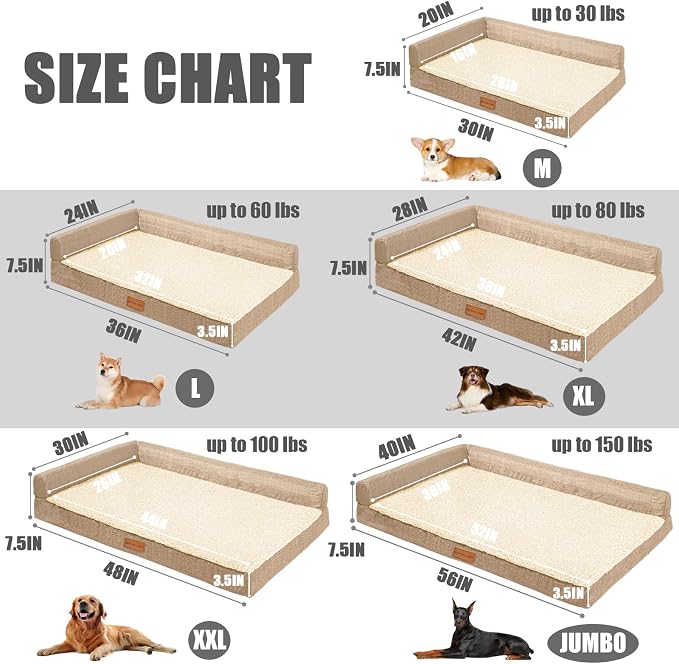 Patas Lague Orthopedic Large Dog Bed Washable Pet Sofa Bed 56''X40''Beige | 2-Sided Bolster Egg-Crate Foam Dog Couch Large Sized Dogs, Waterproof Removable Washable Cover, Nonskid Bottom Pet Crate Mat