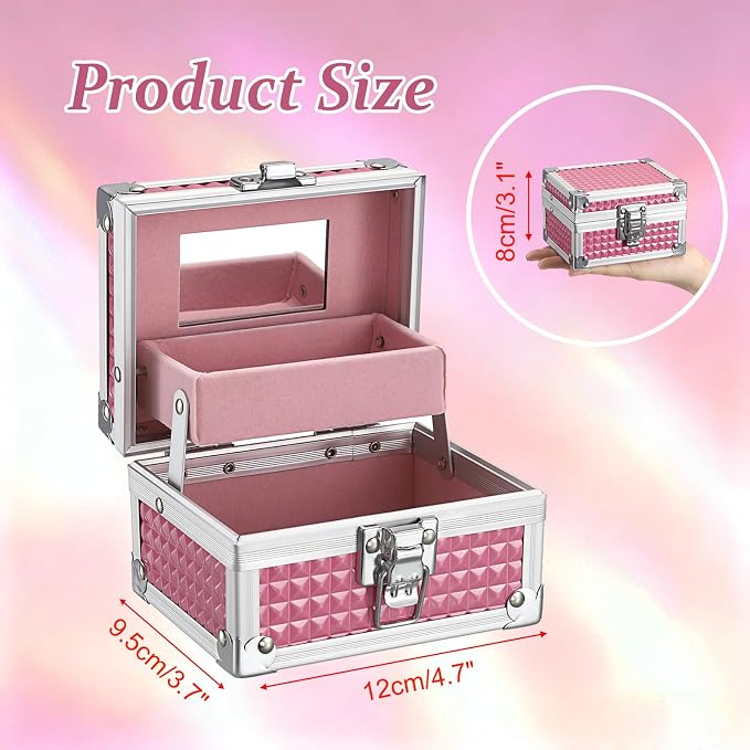Hipiwe 2-Layer Decorative Jewelry Box Pink Hair Accessories Stotage Case | Metal Jewelry Trinket Organizer Box with Mirror and Drawer for Earrings Rings Necklace, 4.7" x 3.7" x 3.1"