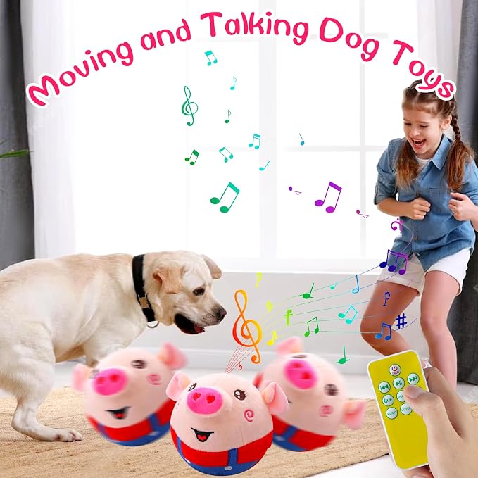 Interactive Plush Dogs Toys, Interactive Puppy Toy Bouncing Rolling Dogs Ball Remote Control Dog Toy with Music, Self Moving Pet Toys for Small/Medium/Large Bored Dog to Keep Them Busy(Pig)