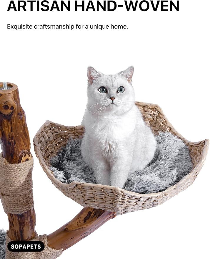 Sopapets Solid Wood Cat Tree with Hand-Woven Basket, 41.3" Natural Wood Cat Tower with Real Branch, Modern Boho Cat Furniture for Indoor Cats & Large Cats, Sisal Scratching Posts, Gray