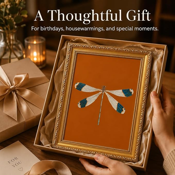 Gold Framed Dragonfly Wall Art,Antique Insect Picture Wall Decor16x12in | Burnt Orange Background Canvas Print Cottagecore For Bedroom, Study,Hallway,Entryway
