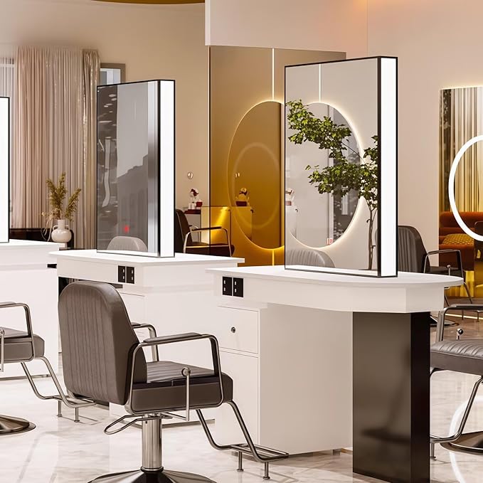 2-Person Salon Station for Hair Stylist with Sleek Modern Glossy Black Design, Barber Station includes LED Mirror, Spacious Countertop, Drawer & Cabinet