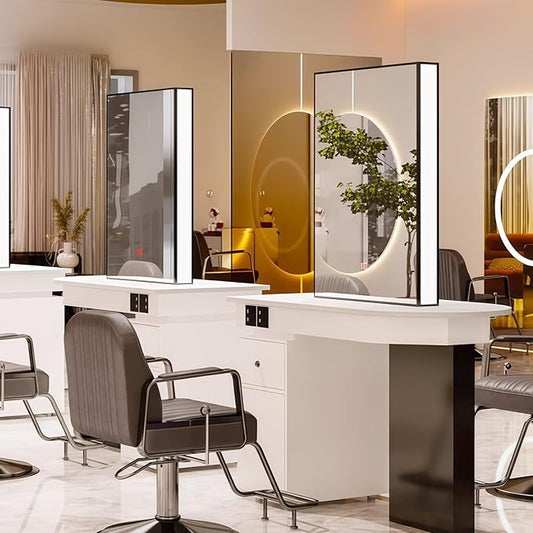 2-Person Salon Station for Hair Stylist with Sleek Modern Glossy Black Design, Barber Station includes LED Mirror, Spacious Countertop, Drawer & Cabinet