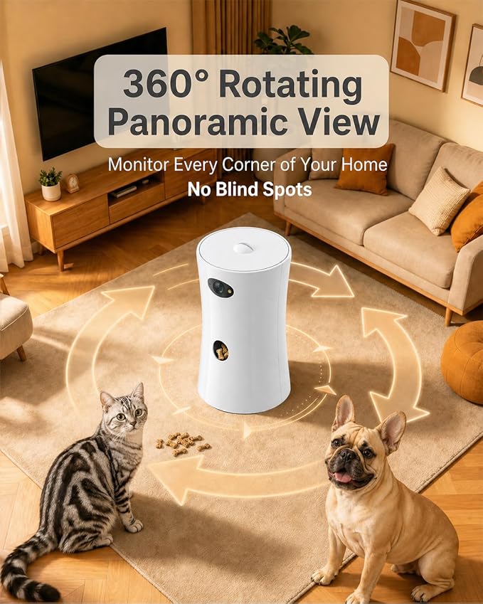 Pet Camera Treat Dispenser, 360° Pet Dog Security Cameras with Phone App, WiFi 5G/2.4G, Two Way Audio, Night Vision, Remote Treat Tossing, Motion Alert for Home Indoor Pet Cat Puppy Monitoring