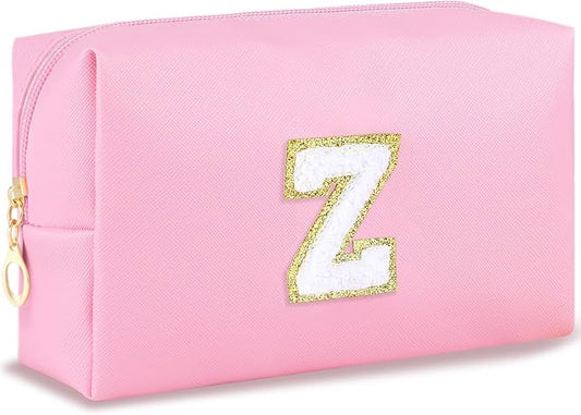 URSKYTOUS Initial Makeup Bag Personalized Preppy Travel Small Cosmetic Bag Cute PU Pink Chenille Letter Makeup Pouch for Purse Waterproof Zippered Toiletry Organizer for Women Girls Kids Friends (Z)