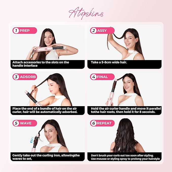 Atopskins 5 in 1 Hair Dryer Brush Set, Hot Air Styler, Detachable Blow Dryer Brush, 3 Heat Settings Auto Curling Wrap Styler, Ionic Hair Styling Tools, Straight Curl Dry Volumiz Smooth (Pink)