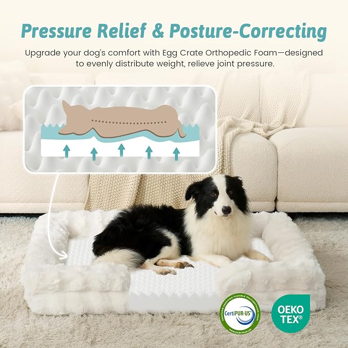 COZY KISS Faux Fur Orthopedic Dog Bed Washable for Extra Large Dogs, XXL | Soft Warm Pet Sofa with Sides or Bolster, Non-Slip and Big Dog Couch with Removable Waterproof Cover, 48x35 inch, Beige
