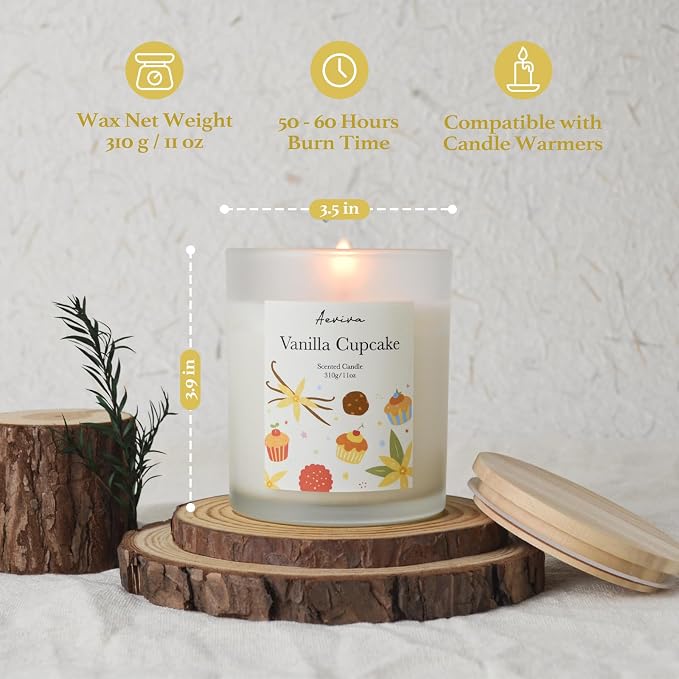 Vanilla Cupcake Scented Candle, 11oz 60 Hour Burn, Natural Soy Wax with Thick Cotton Wick, Highly Scented Aromatherapy Candle for Stress Relief & Meditation, Gifts for Women & Men
