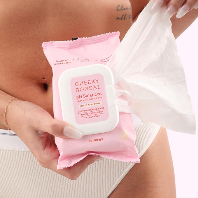 Cheeky Bonsai pH Balanced Feminine Wipes - Removes Odor - Gentle on Sensitive Skin - No Dyes or Parabens - Hypoallergenic - Gynecologist Approved - 30 Count