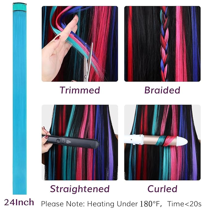 IDN BEAUTY Colored Clip in Hair Extension, 12PCS Teal Sky Blue 24Inch Multicolored Deep Purple Mix Synthetic Hair Pieces for Women, Hair Accessories for Party Cosplay Travel Birthday