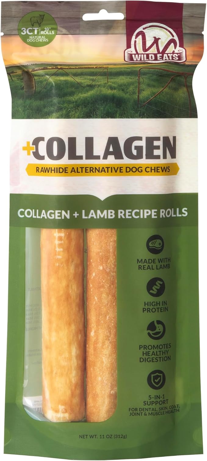 Wild Eats Lamb Collagen Cheek Rolls 10 Inch Dog Chews, 3 Pack, Medium Breed | Long lasting retriever style treats and bones, flavored substitute for pig ears, satisfying snack that keeps pups busy longer